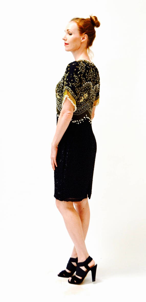 VIntage Black Sequin Dress Beaded Fringe Dress Me… - image 6
