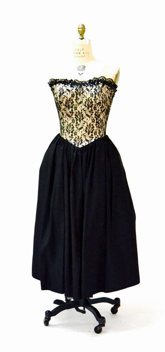 Vintage 80s Prom Dress Strapless Black Lace Sequi… - image 3