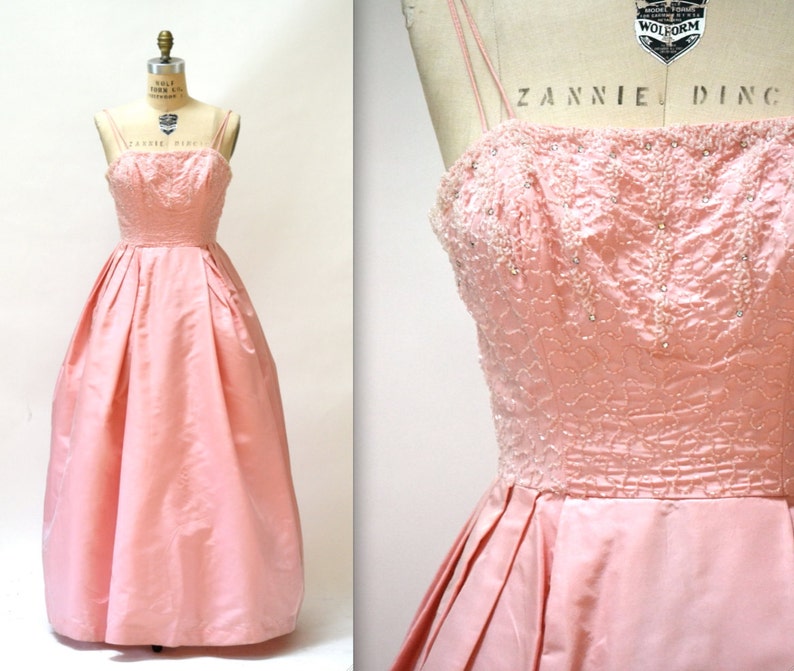 1950s Vintage Prom Dress Size Small Medium Pink// 1950s Vintage Bridesmaid Wedding Dress Evening Gown Beaded in Pink Size Small Medium image 1