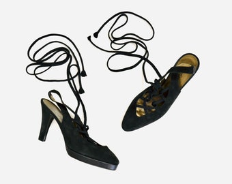 80s Vintage YSL Yves Saint Laurent Paris Black Lace Up High Heel Pumps Size 6 1/2 YSL Black Leather Suede High Heels ShoesMade in Italy