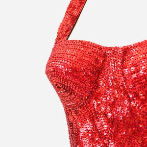 80s 90s Vintage Red Sequin Bustier Crop Top Halter top Size Medium Sequin Red Halter Top Disco Dance 80s 90s Sequin Showgirl Halter TOp image 7