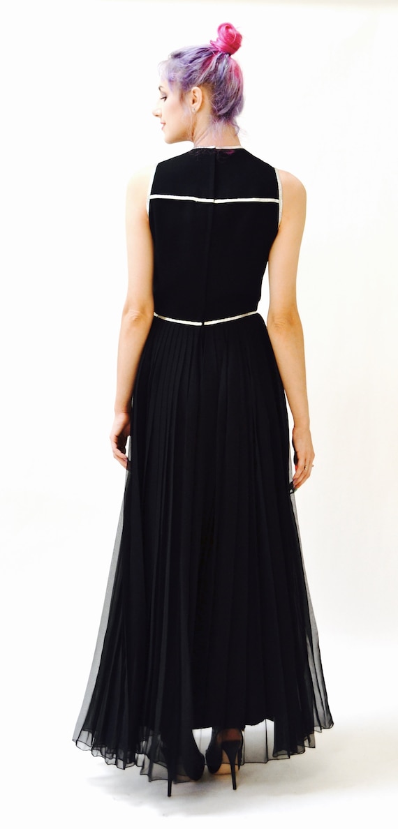 70s Black Maxi Dress Metallic silver Trim long Bl… - image 8