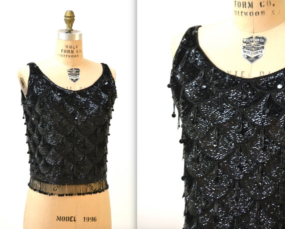 50s 60s Vintage Black Sequin Tank Top Shell Size L