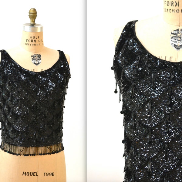 50s 60s Vintage Black Sequin Tank Top Shell Size Large Beaded Sequin Fringe Tank Top Shirt// Black Sequin Beaded Crop Top