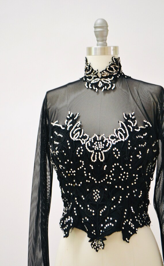 90s Black Sheer Rhinestone Showgirl Top Shirt Siz… - image 3