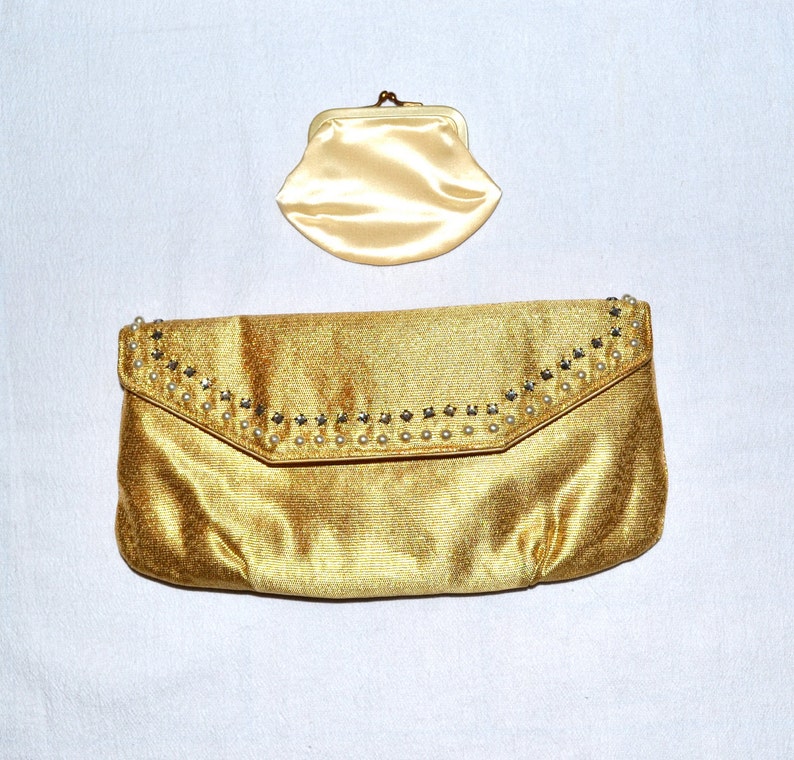 Vintage Gold metallic Clutch Purse bag Rhinestones and Pearls// Vintage Metallic Clutch// Metallic Gold Wedding Evening Bag purse clutch image 3