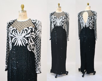 Vestido vintage de los años 90 con cuentas en blanco y negro, talla grande, perlas, lentejuelas, cuentas // Vestido vintage glamoroso de los años 80 y 90 con cuentas en negro, manga larga, talla grande