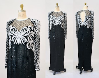 90s Vintage Black White Sequin Beaded Dress Size large Pearls sequins Beads// 80s 90s Glam Vintage Black Beaded long sleeve Dress Size Large