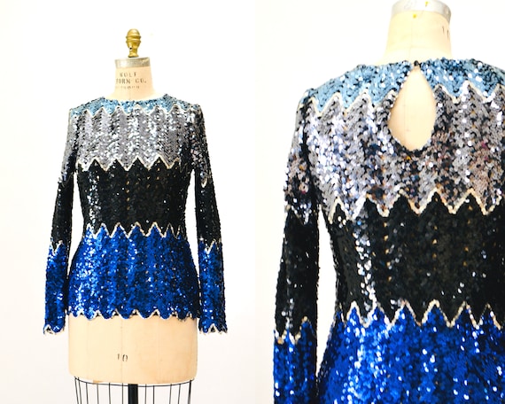 Vintage 70s 80s Blue Metallic Sequin Shirt Small … - image 1