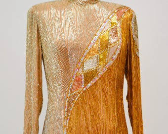 80s Vintage Bob Mackie Gold Sequin Wedding Party Dress Gold White Beaded Sequin Fringe Dress Medium I.Magnin Bob Mackie Showgirl Dress
