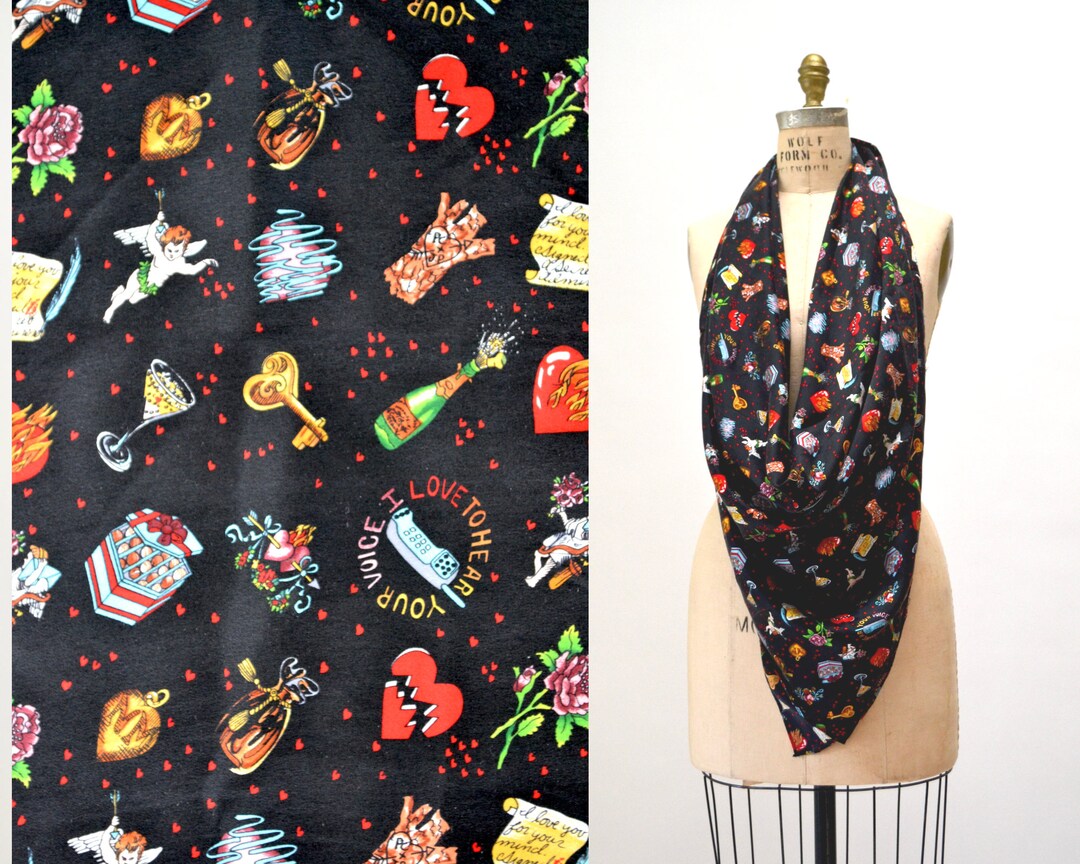 90s Vintage Nicole Miller Black Silk Scarf Love Valentines Day