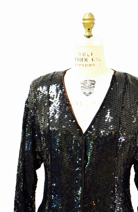 Vintage Black Sequin Jacket Medium// Black Silk S… - image 6