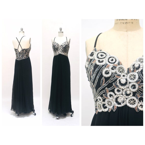 80s 90s Vintage Black Bill Blass Beaded Evening G… - image 1