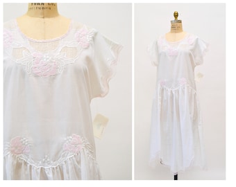80s Vintage Cotton Embroidered Dress White cotton Nightgown Sleep Dress Wedding Honeymoon Cotton Nightgown Medium large Gilligan O'malley