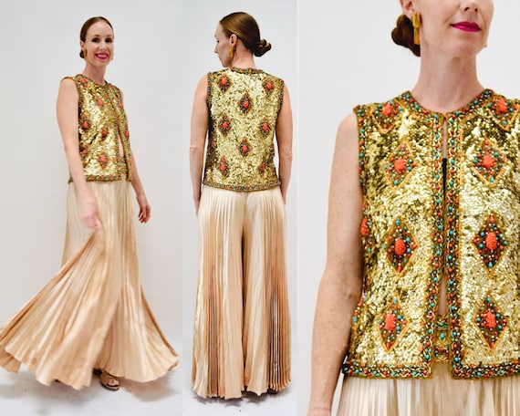 60s Gold Sequin Top and Pleated Palazzo Pants By … - image 1