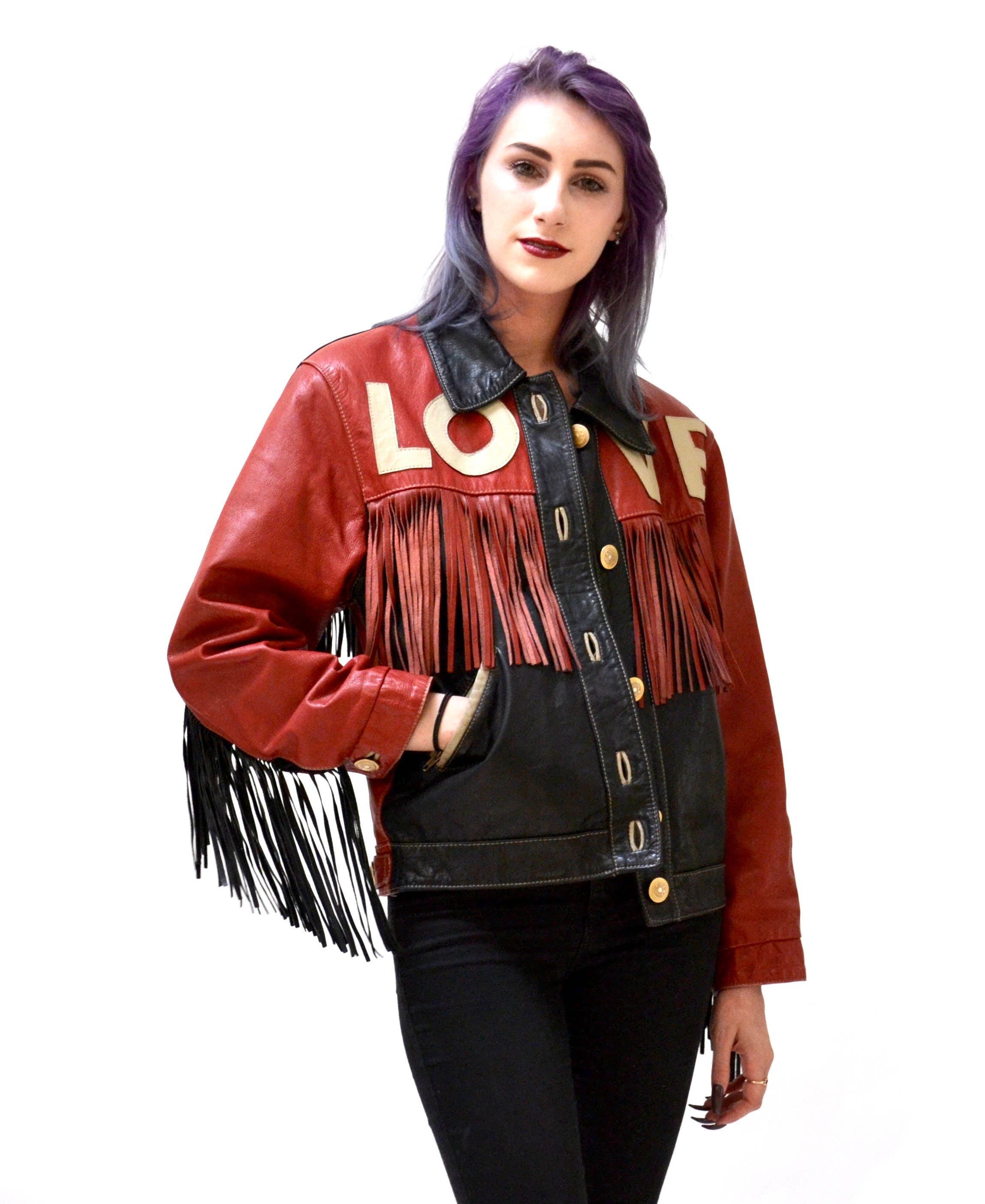 90s Vintage Moschino Leather Jacket Love Fringe Heart Red and | Etsy