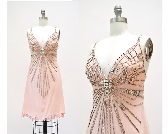 2000s Y2k Vintage Pink Silk Rhinestone Slip Dress… - image 2