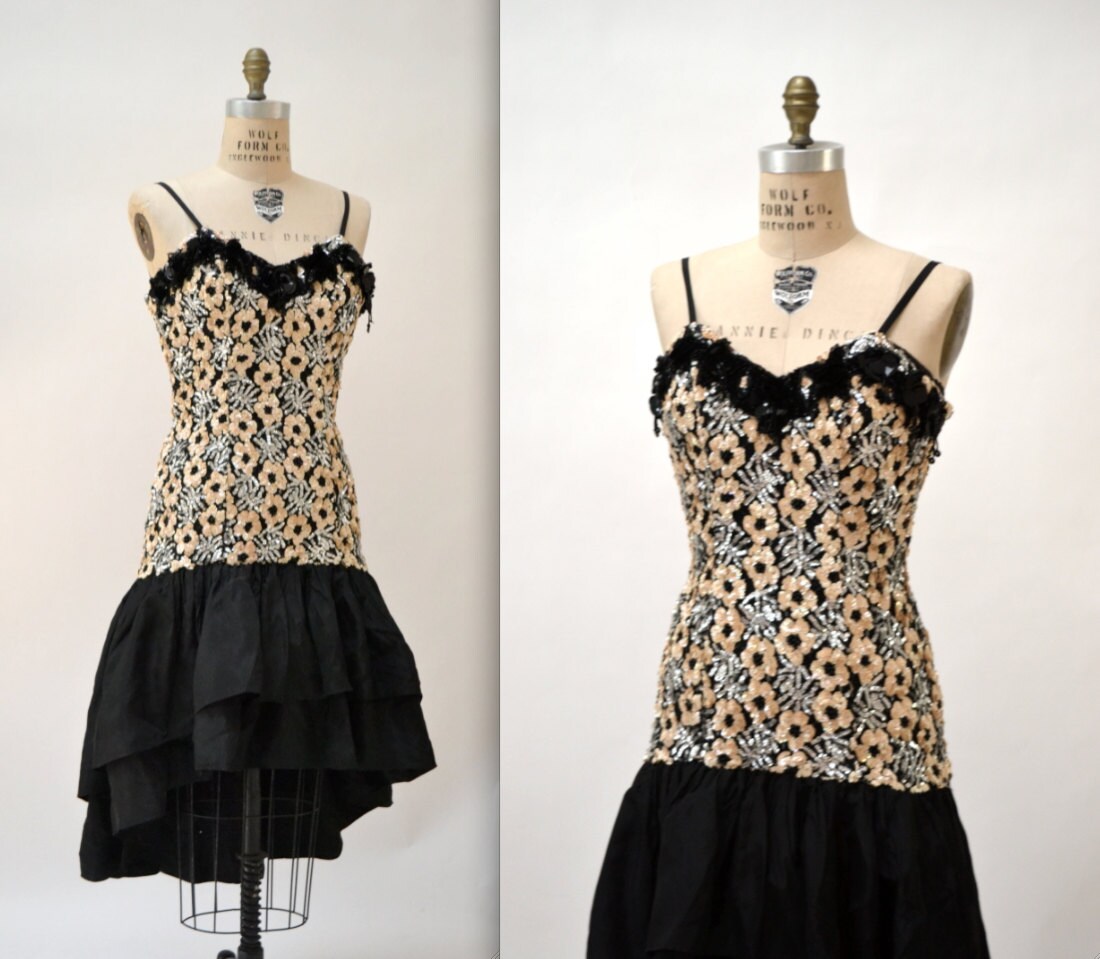 Vintage 80S Prom Dress Size Small Sequin in Black Silver // Party By Alyce Designs Pageant Drag
