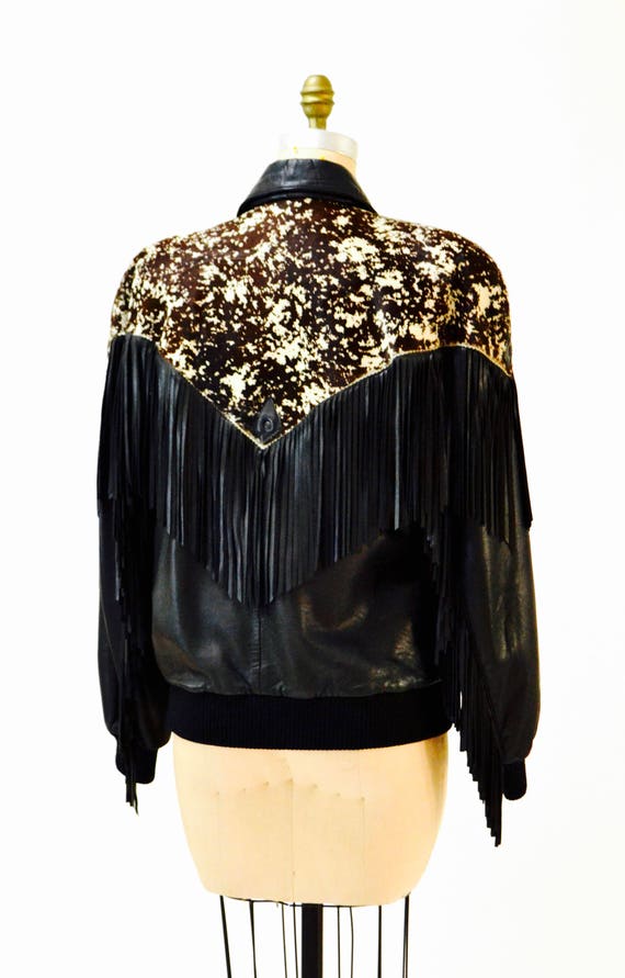 Vintage Black Leather Jacket Fringe Michael Hoban… - image 9