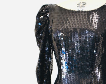 80s 90s Black Vintage Sequin Dress Evening Gown Medium// 80s
