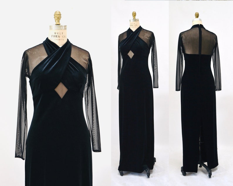 90s Vintage Black Velvet Prom Dress Illusion Dress Medium// Black Body Con 90s Prom Dress Bondage Dress Medium Sheer Sleeve long Black Dress image 1