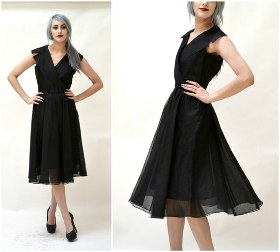 barbara katz cocktail dresses Vintage 80s Does 50s Black Dress Silk Size Small by Barbara Katz// Vintage  Black Silk Organza Party Dress New Look Shirt Dress Sheer