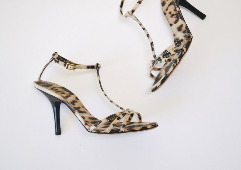 Vintage 00s Strappy Animal Print High Heels Size 7 37 By Roberto Cavalli Leopard Animal Print leather High heels Sandals 37 Roberto Cavalli image 6