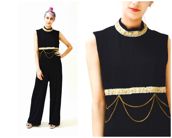 70s Vintage Black Jumpsuit Medium Large Metallic … - image 3