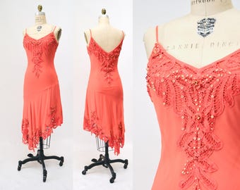 Abito vintage in seta con taglio sbieco, stile Y2K, anni 2000, in seta color corallo e salmone con perline, abito canotta in seta floreale con taglio sbieco, abito da sposa da spiaggia asimmetrico di taglia media e grande