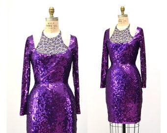 90s Vintage Purple Sequin Dress Medium Metallic Dress Purple Sequin Party dress Long sleeves// Vintage 90s Prom Sequin Body Con Dress