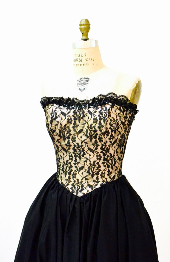 Vintage 80s Prom Dress Strapless Black Lace Sequi… - image 2