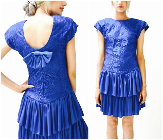 80s Prom Dress Blue Size Small medium Lace Ruffle… - image 9