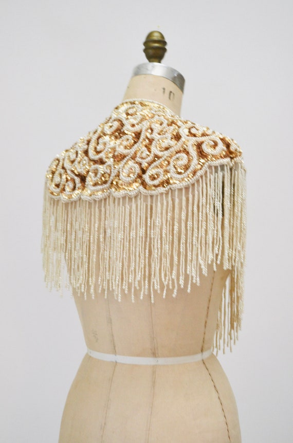 Vintage Gold Pearl White Cream Beaded Sequin Shaw… - image 2