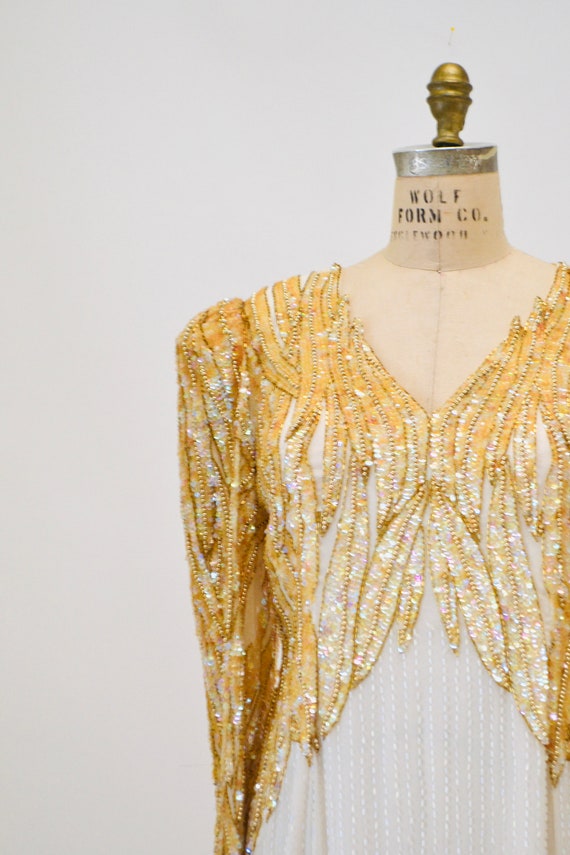 80s 90s Vintage Cream Sequin Beaded Gown Dress Me… - image 4