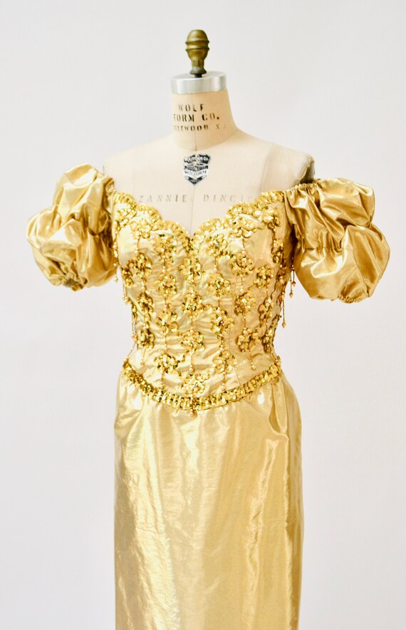 Gold Metallic 80's Prom Dress Evening Gown Medium… - image 6