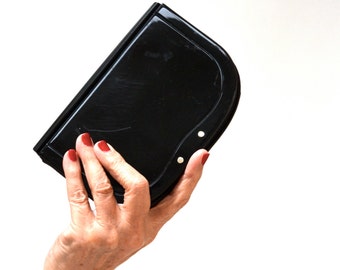 70s 80s Vintage Black Clutch Hard Case Acrylic and Leather Made in Italy// Vintage Black Evening Bag Saks Fifth Avenue box bag