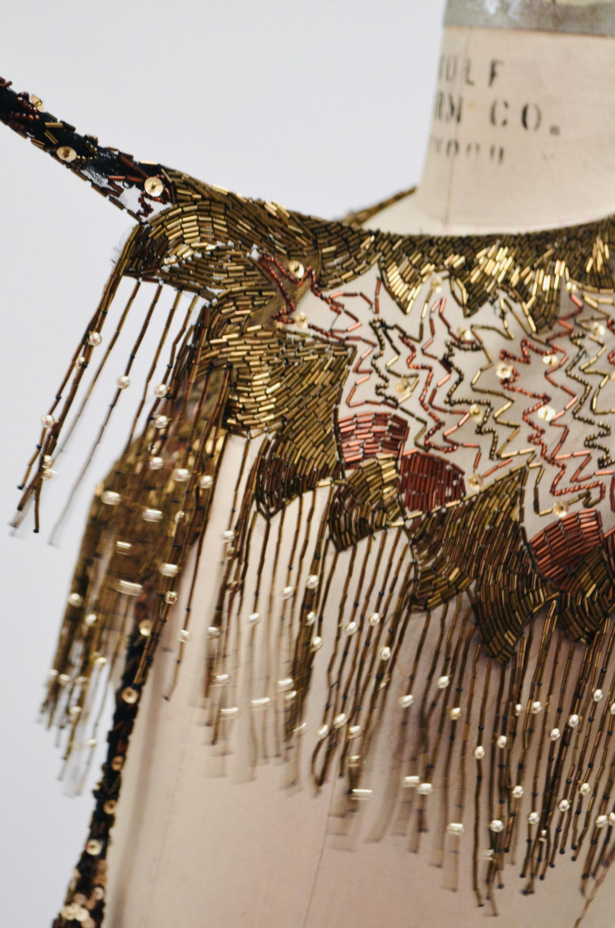 90s Vintage Metallic Beaded Sequin Fringe Shawl Lion Lioness