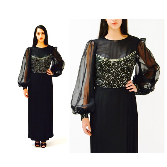 Vintage 60s 70s Dress Black Evening Gown Dress Rh… - image 2