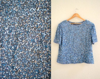 Vintage Blue Sequin Shirt size Large XLarge// 90s Metallic vintage Sequin Top Blue Art Déco Flapper Inspiré