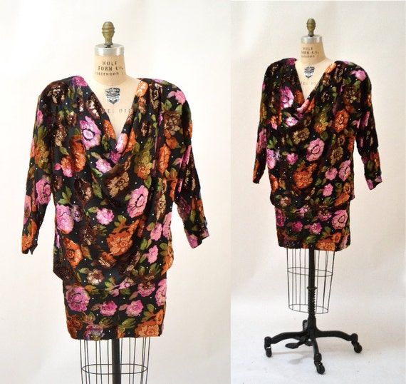 80s Vintage Floral Print Velvet Dress Medium Larg… - image 1