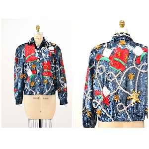 80s 90s Vintage Sequin Jacket Large Blue Metallic Gold Stars Rodeo Rhinestone Cowboy Cowgirl Sequin Jacket USA America Stars Rodeo Modi image 1