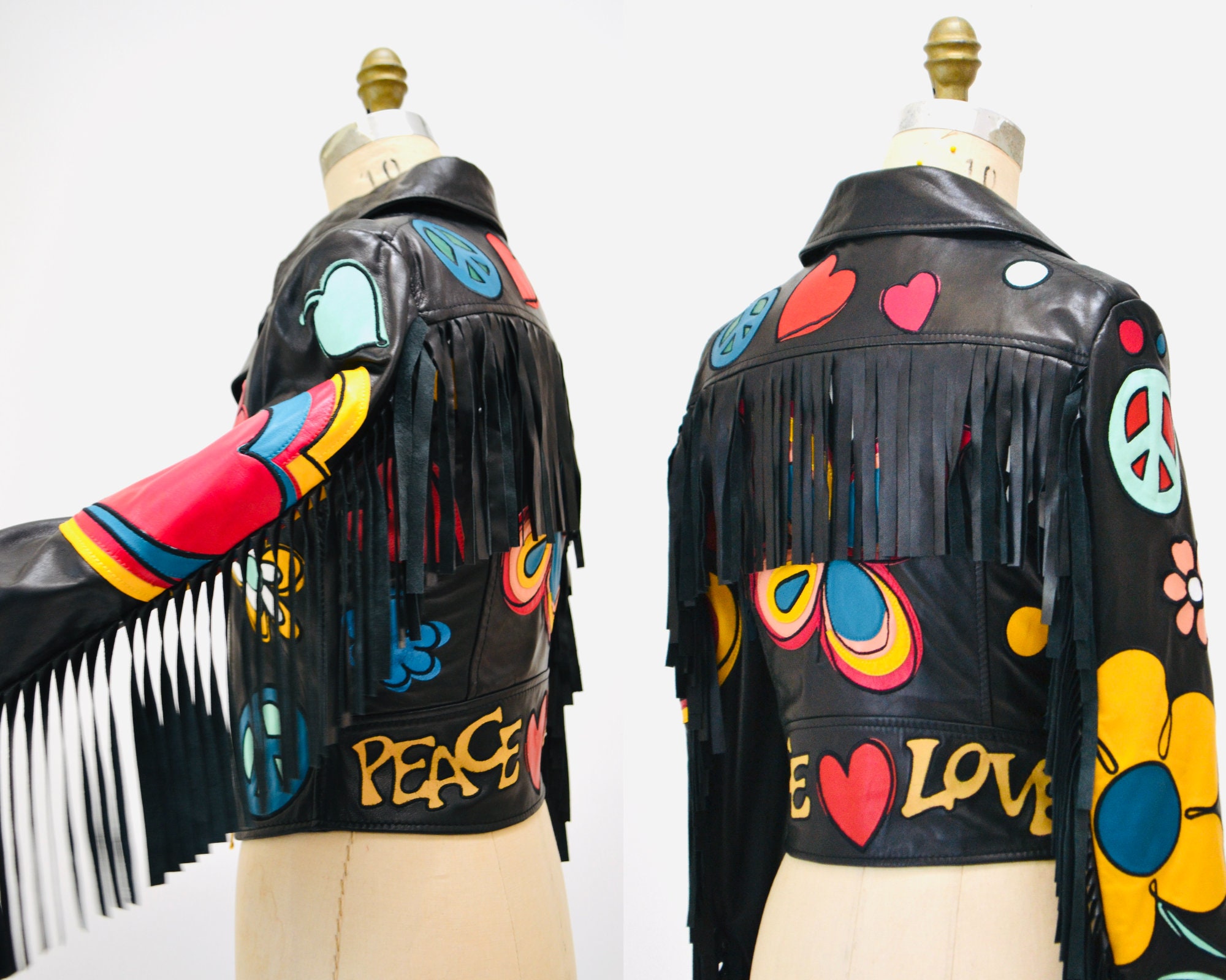 2000s Black Leather Jacket by Moschino With Fringe Make Love