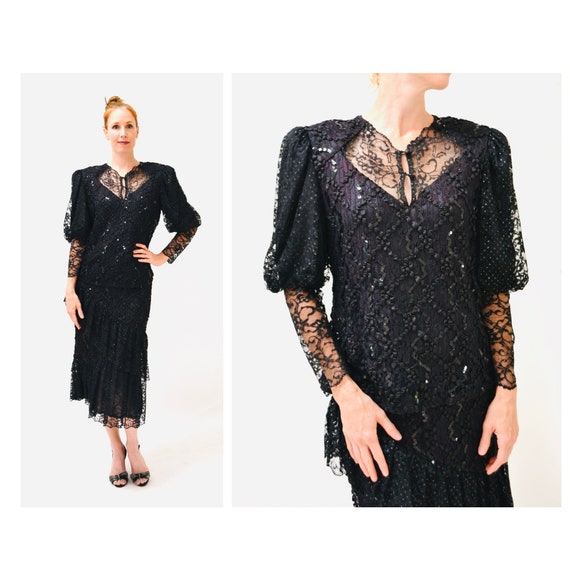 Vintage 80s Party black Dress Sequin Lace Dress S… - image 1