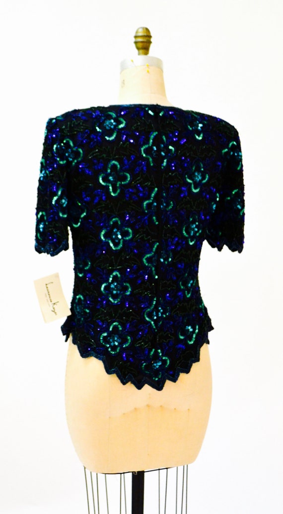 Vintage Black Sequin Shirt top Large XL Black blu… - image 7
