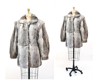 70s 80s Glam Vintage Rabbit Fur Coat Grey Gray Silver Rabbit Fur Jacket Medium Bermans// 80s Vintage Rabbit Fur Oversized Coat Grey melange