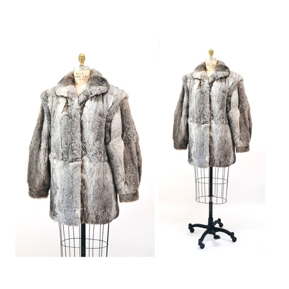 70s 80s Glam Vintage Rabbit Fur Coat Grey Gray Sil