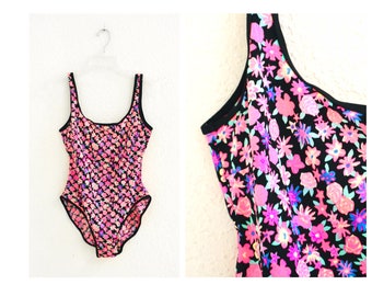 80s 90s Vintage NEON High Cut Swim Suit size Medium NEON Floral Print Swimsuit One Piece Neon Pink black Flowers