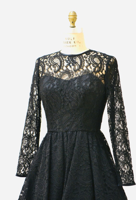 Vintage 80s 90s Black lace Dress Small Medium Lon… - image 2