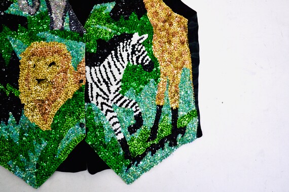 80s 90s Vintage Black Sequin Vest Lions Zebras Gi… - image 3