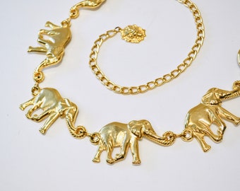 80s 90s Vintage Gold Elephant Metallic Belt Gold Chain Belt with Elephants Vintage Belt Buckle Rare Vintage Gold Elephant Animal Chain Belt